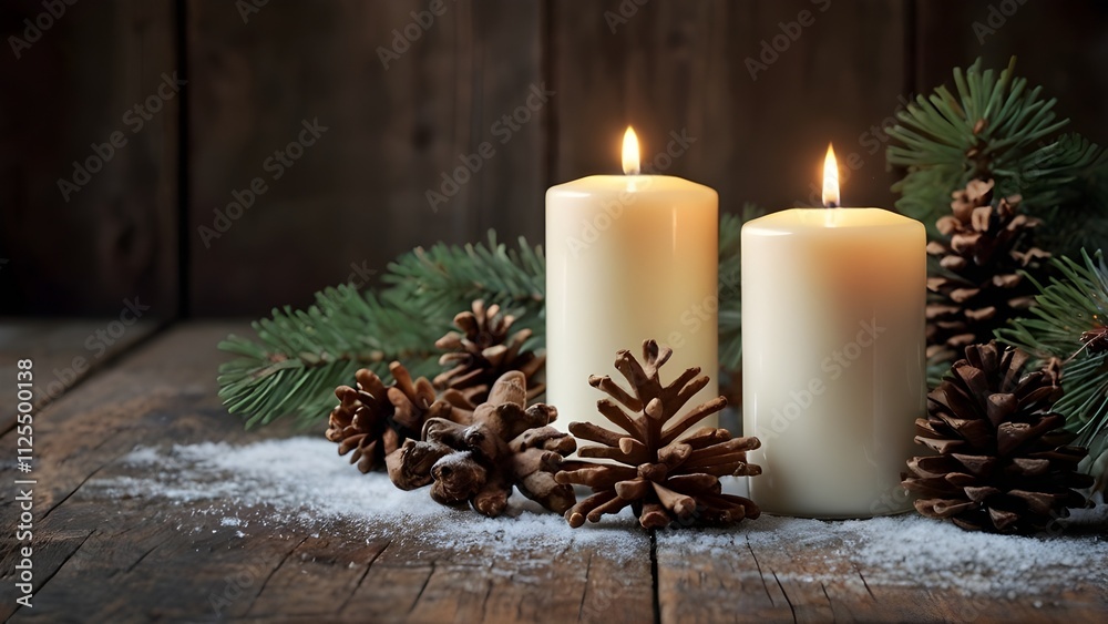 christmas still life with candle and cones