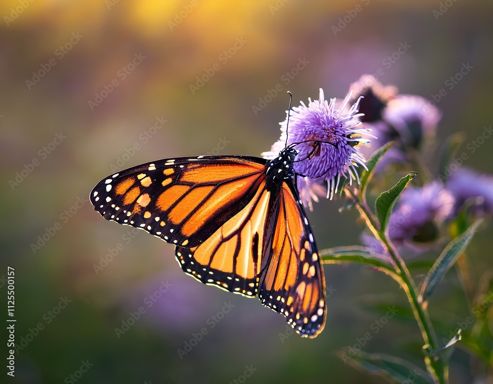 Fototapeta premium macro photograph of a monarch butterfly resting on a purple wildflower, showcasing intricate wing patterns and delicate scales with a blurred meadow background