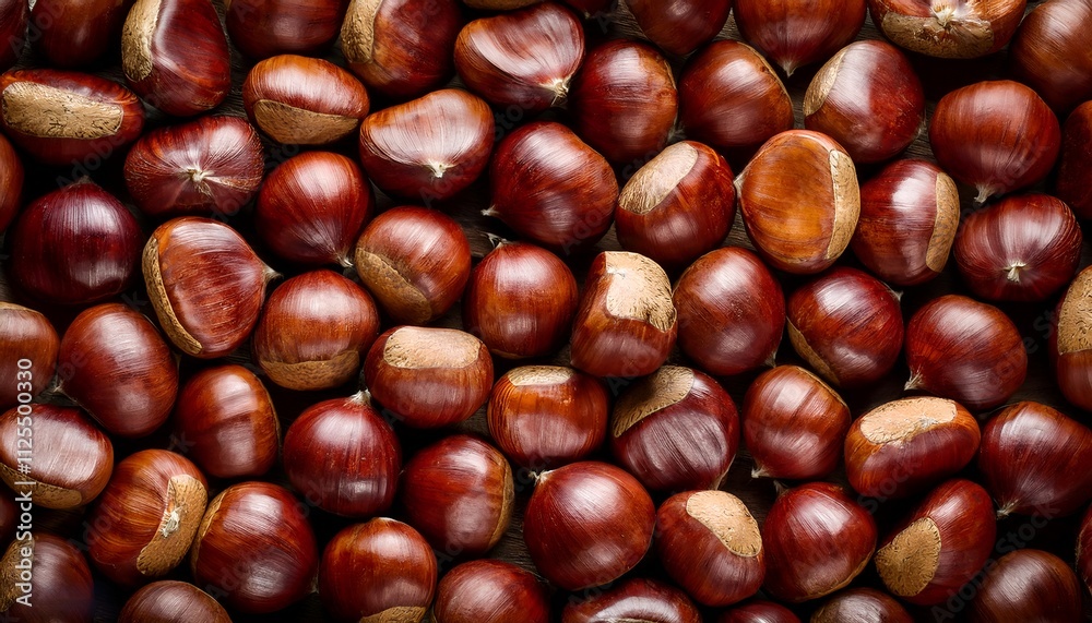 A detailed close-up image showcasing fresh, shiny, raw chestnuts arranged on a dark background. The rich brown colors highlight the natural texture and appeal of these seasonal nuts. A detailed close-up image showcasing fresh, shiny, raw chestnuts arranged on a dark background. The rich brown colors highlight the natural texture and appeal of these seasonal nuts.