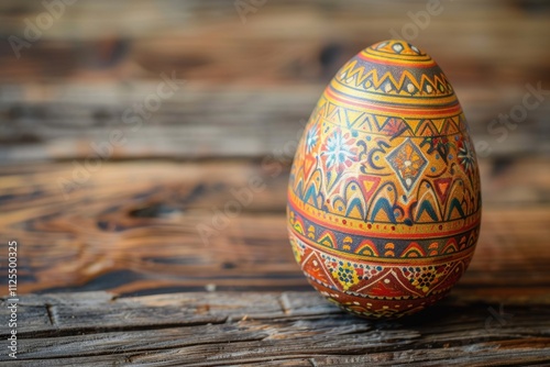 Intricately painted egg on rustic wooden table background photo