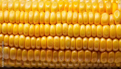 Detailed close-up image of fresh corn kernels showcasing vibrant yellow color and intricate texture. Perfect for illustrating concepts of agriculture, freshness, and natural produce. photo