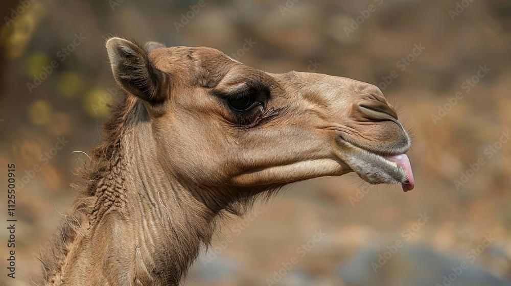 Obraz premium Humorous close up portrait of a camel sticking its tongue out in the desert wildlife scene