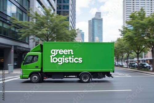 Urban Delivery Truck in Motion: Green Logistics Vehicle Traveling Through City Streets with Modern Buildings and Trees in the Background