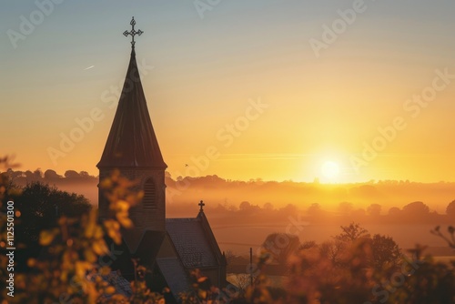 Peaceful sunrise over church steeple in rural landscape photo