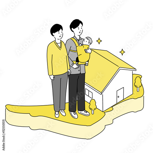 大阪府の地図と若い家族・家のイラスト、ベクター