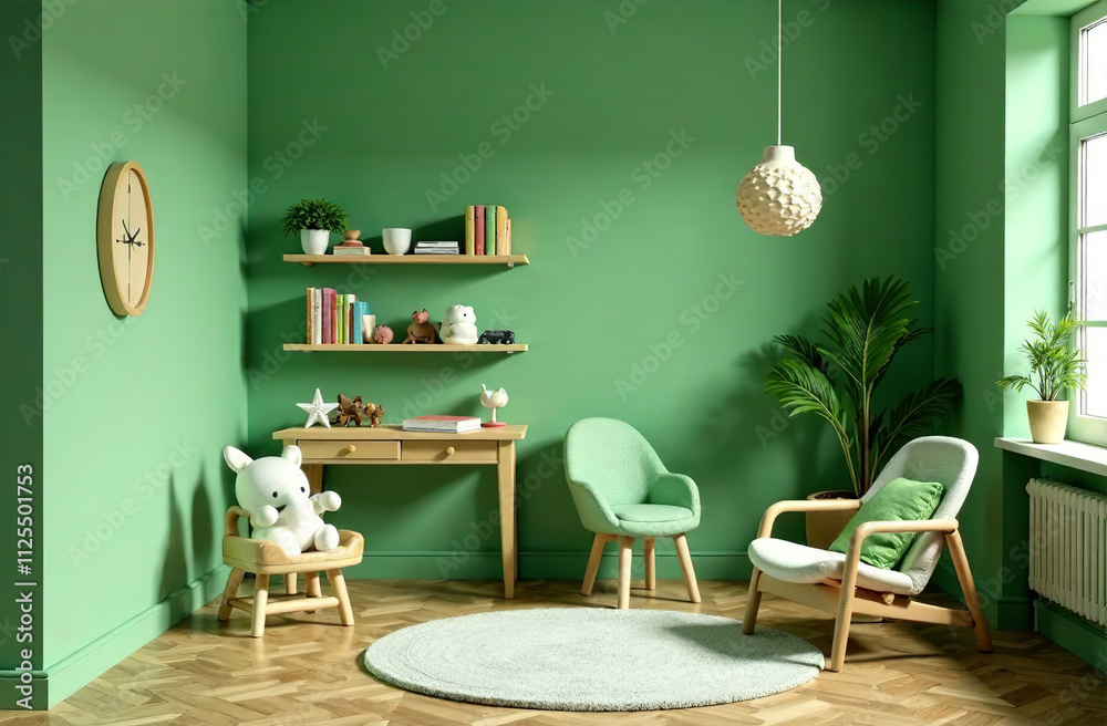 Fototapeta premium Modern interior of children room green color, playroom in house. AI Generative