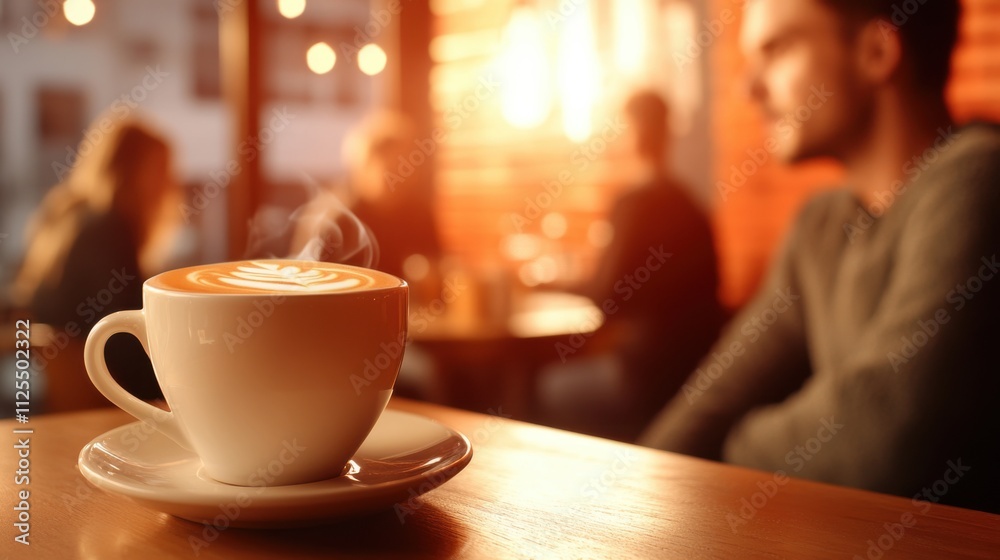 Obraz premium A steaming cup of coffee with latte art sits on a wooden table in a cozy café, with a blurred background of people enjoying the warm ambiance, AI