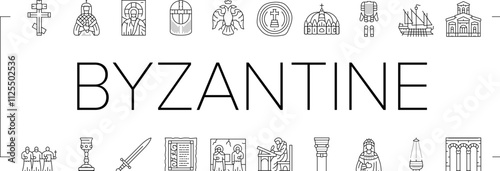 byzantium empire justinian icons set vector. hagia theodora, mosaics orthodox, iconoclasm nicaea, heraclius procopius, greek byzantium empire justinian black contour illustrations