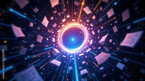 An illustration of a futuristic data retrieval process, featuring an abstract, ring-like structure at its core, with vibrant light effects and swirling elements that suggest advanced technology.