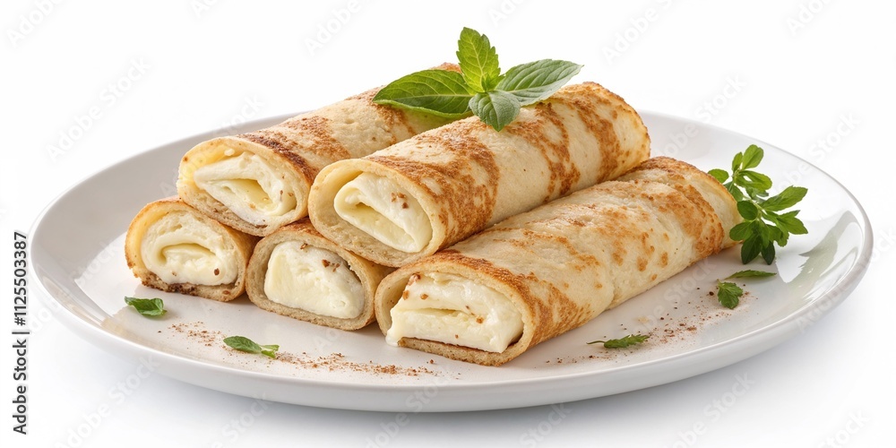 Rolled Cheese Blini Neatly Arranged on a White Plate for Brunch Menus, Food Blogs, and Party Appetizer Ideas Rolled Cheese Blini Neatly Arranged on a White Plate for Brunch Menus, Food Blogs, and Party Appetizer Ideas