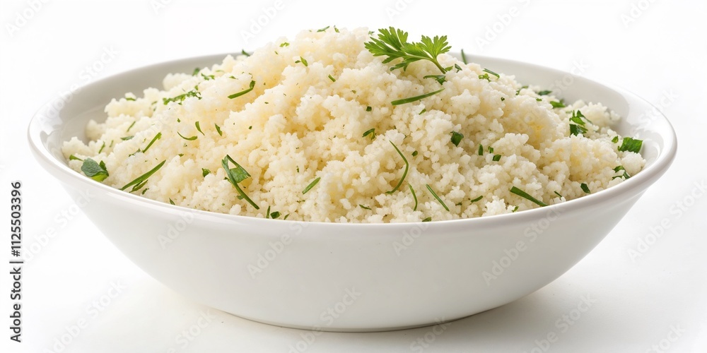 Cauliflower Rice in a White Bowl for Healthy Eating Blogs, Low-Carb Recipes, and Meal Prep Ideas Cauliflower Rice in a White Bowl for Healthy Eating Blogs, Low-Carb Recipes, and Meal Prep Ideas