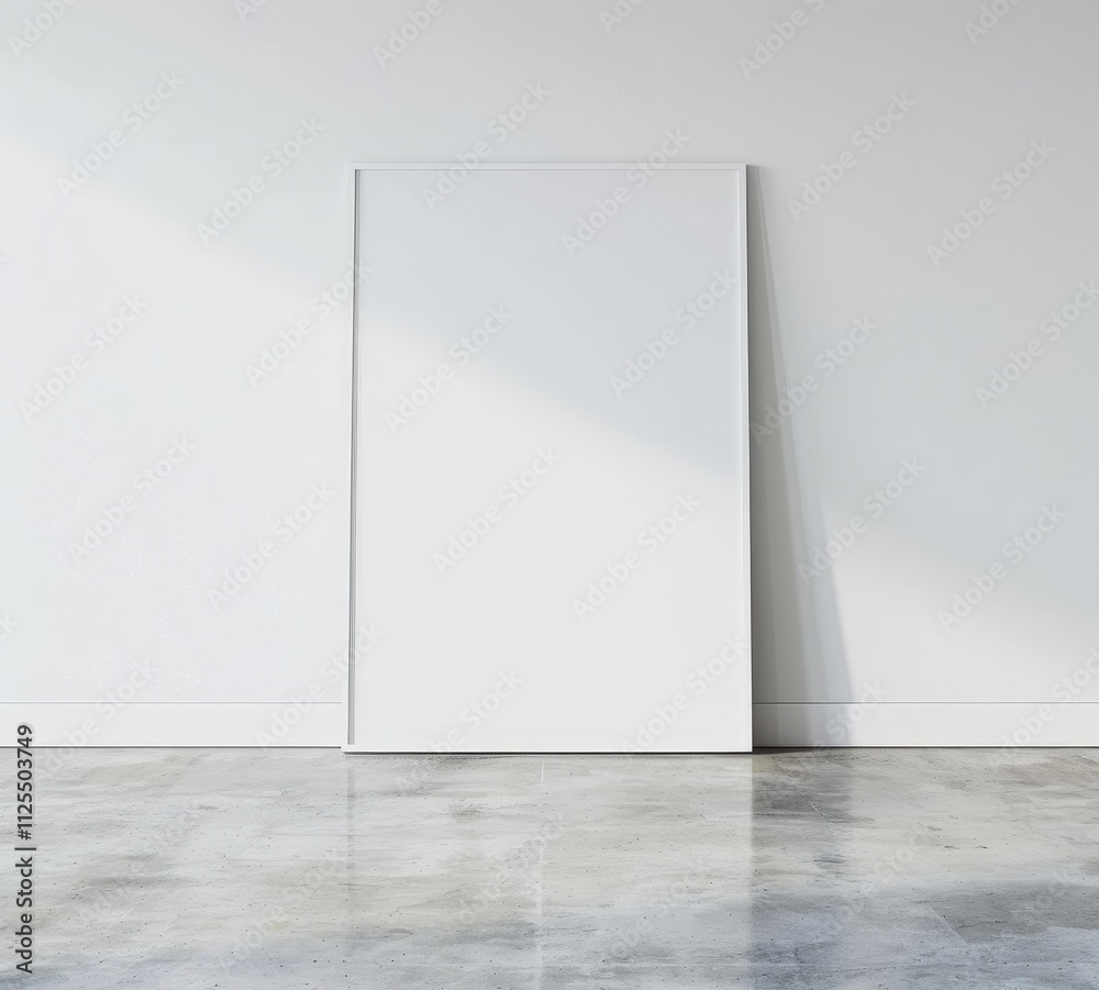 A large. white frame leans against a white wall with a concrete floor in a minimalist setting A large. white frame leans against a white wall with a concrete floor in a minimalist setting