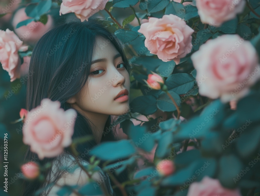 Contemplative Portrait of a Young Woman Amidst Pink Flowers Contemplative Portrait of a Young Woman Amidst Pink Flowers