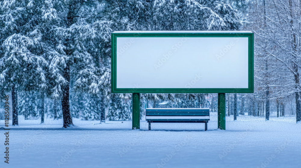Fototapeta premium Blank winter billboard in snowy forest scene with bench