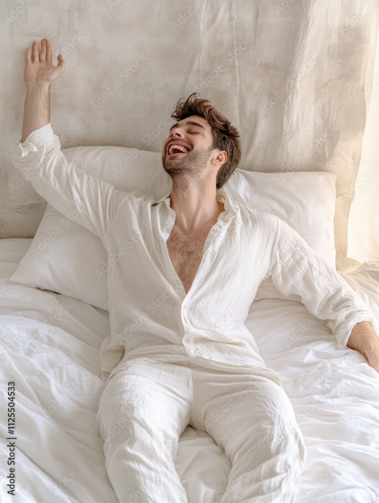 Man in White Robe Smiling and Laying on Bed Man in White Robe Smiling and Laying on Bed