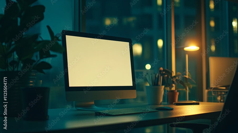 Nighttime Workspace Computer Desk Setup With Plants Nighttime Workspace Computer Desk Setup With Plants