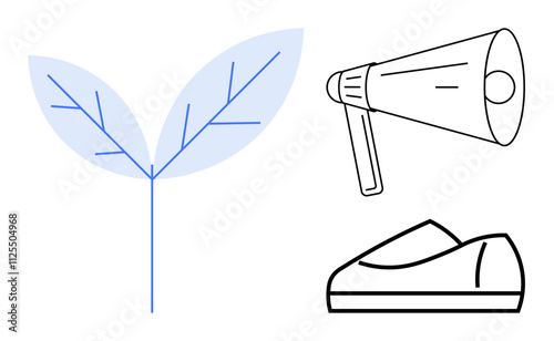 Plant with two leaves, megaphone, and shoe representing themes of growth, communication, and movement. Ideal for environmental campaigns, marketing strategies, fitness goals, motivation, public photo