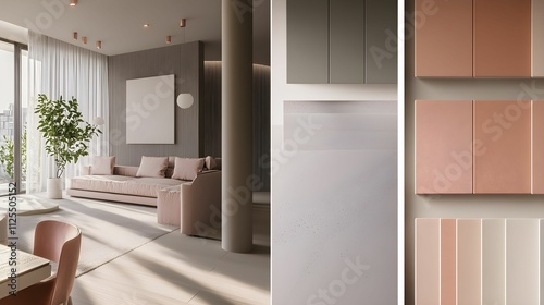 A mood board displays a modern interior design concept featuring a soft color palette, clean lines, and natural light. Elements include a cozy seating area, plants, and elegant wall textures.