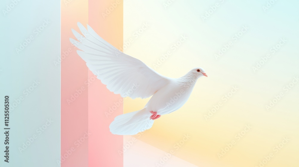 Pristine White Dove Soaring Gracefully Against a Pastel-Colored Abstract Background Pristine White Dove Soaring Gracefully Against a Pastel-Colored Abstract Background