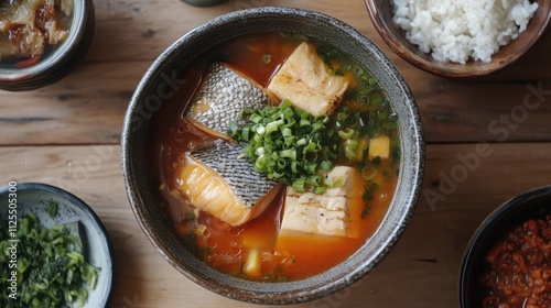 Delicious salmon soup with tofu, rice, and scallions in a rustic bowl. photo