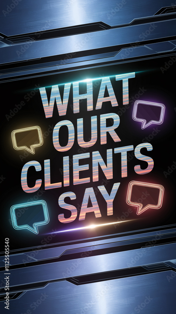 Obraz premium What Our Clients Say Text with Neon Speech Bubbles on Futuristic Metallic Background 