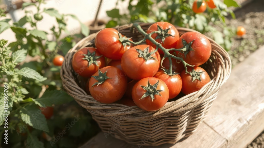 Fresh ripe tomatoes in a rustic woven basket on a sunny garden, red Fresh ripe tomatoes in a rustic woven basket on a sunny garden, red