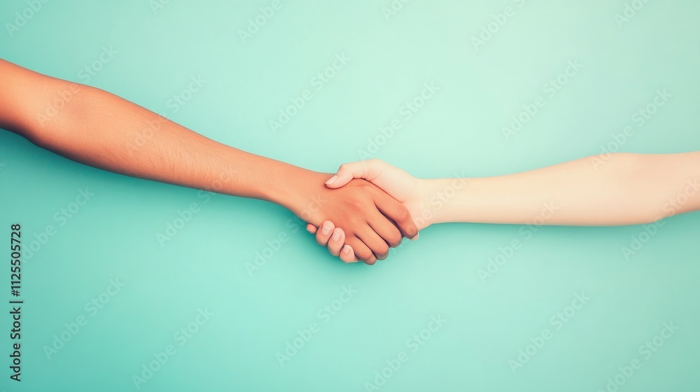Two businesspeople shaking hands on turquoise background: cooperation and teamwork Two businesspeople shaking hands on turquoise background: cooperation and teamwork
