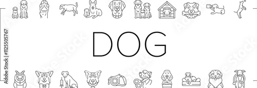 dog breeding genetics pedigree icons set vector. temperament health, nutrition training, socialization whelping, kennel lineage dog breeding genetics pedigree black contour illustrations
