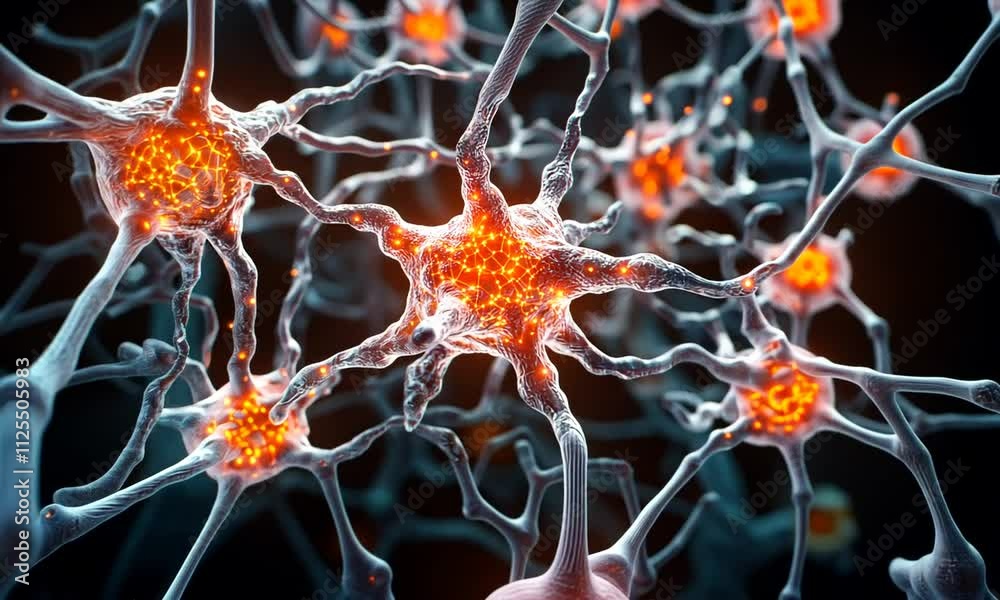 Microscopic view of neuron cells with glowing synapses.