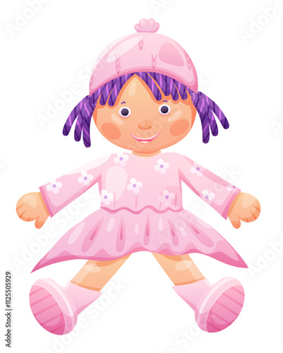 Cute soft doll toy in pink dress with bow on hair