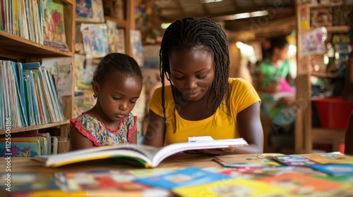 Dedicated Teacher and Child Reading Together in a Library