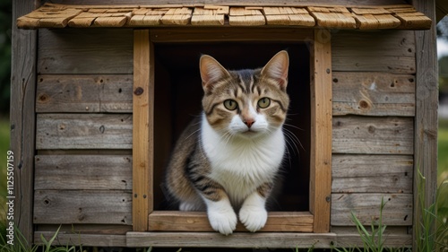 Cute tabby cat in a wooden kennel.