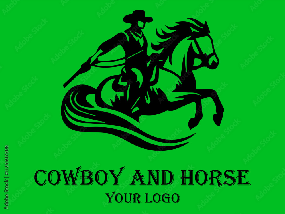 Naklejka premium Black cowboy rides fast horse against green background. Suitable for westernthemed designs, posters, and storytelling visuals needing a dynamic element