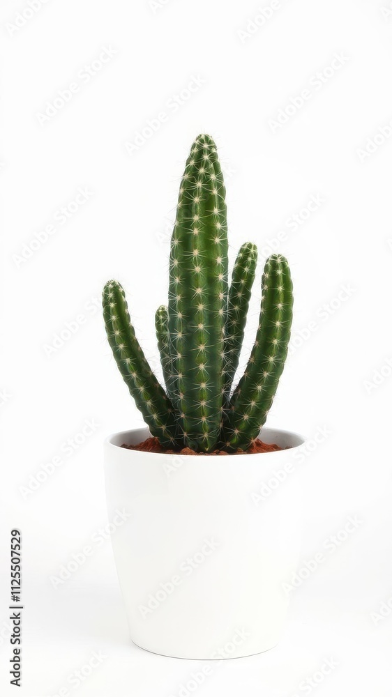 A single green cactus plant potted in a white vase, set against a white background, cactus A single green cactus plant potted in a white vase, set against a white background, cactus