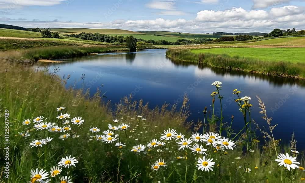 Serene River Landscape with Daisies Serene River Landscape with Daisies