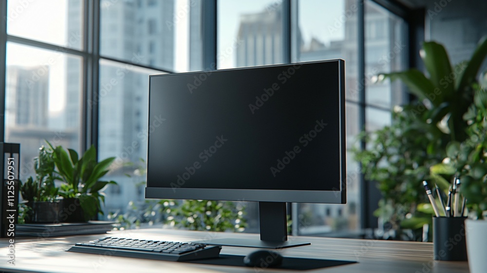 Modern Office Workspace With Computer And Plants Modern Office Workspace With Computer And Plants