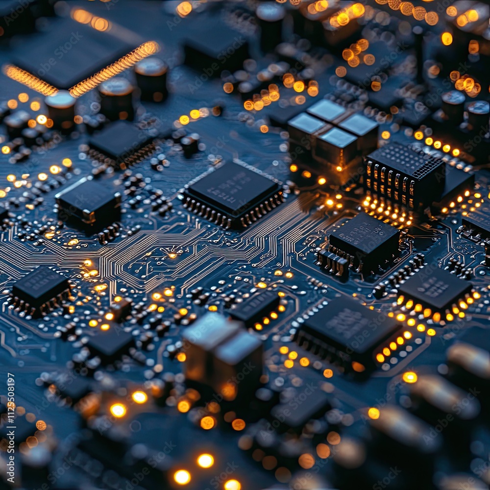 A close-up shot of a computer circuit board, illuminated pathways glowing brightly, showcasing the intricate details of microchips, transistors, and fine electronic connections. A close-up shot of a computer circuit board, illuminated pathways glowing brightly, showcasing the intricate details of microchips, transistors, and fine electronic connections.