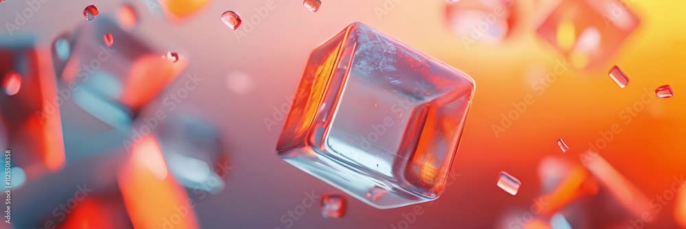 A large, clear cube hovers against a warm background, surrounded by smaller, fragmented cubes. A large, clear cube hovers against a warm background, surrounded by smaller, fragmented cubes.