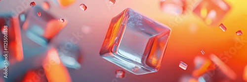 A large, clear cube hovers against a warm background, surrounded by smaller, fragmented cubes.