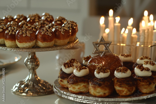 Jewish holiday Hanukkah background with traditional sweet pastry Sufganiyah, Menorah and six-pointed star. photo