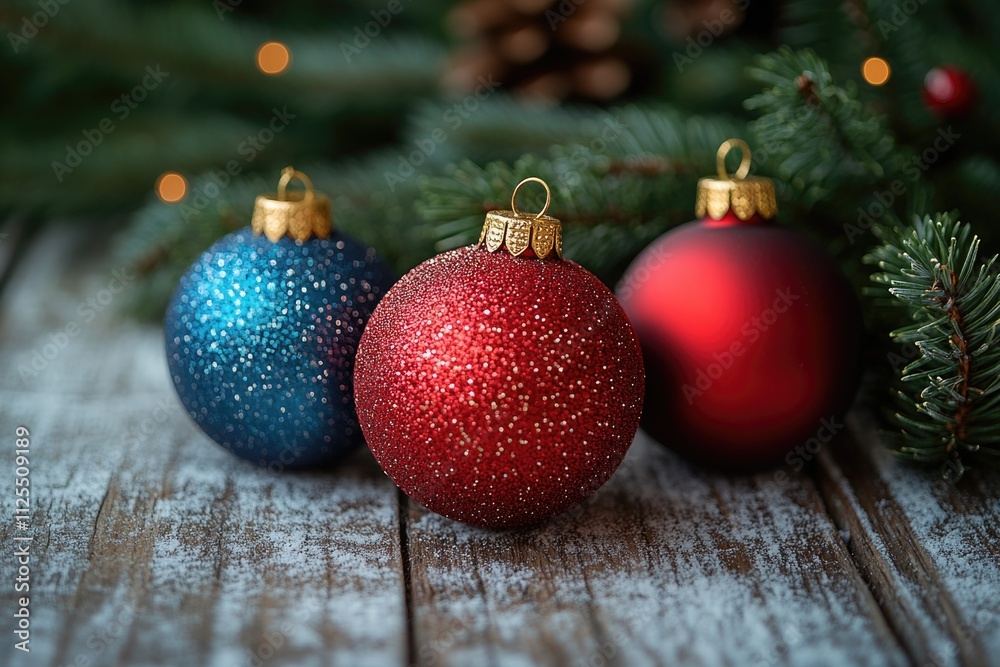Three red and blue Christmas ornaments on a wooden table, perfect for holiday decoration or gift wrapping Three red and blue Christmas ornaments on a wooden table, perfect for holiday decoration or gift wrapping