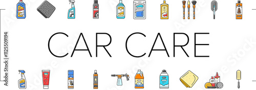 car care detailing wash icons set vector. wax polish, vacuum tires, engine maintenance, cleaning interior, exterior, shine car care detailing wash color line illustrations