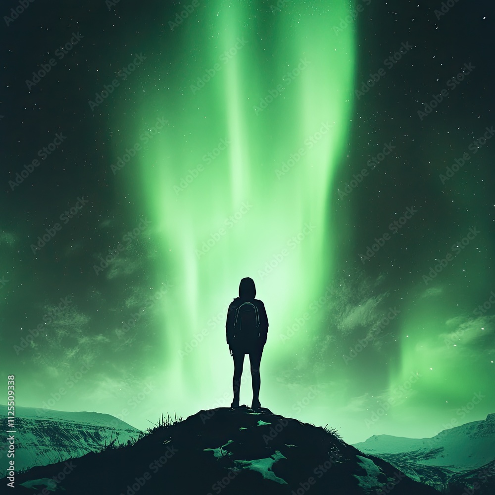 Fototapeta premium A person in a hoodie with a backpack, standing on a hilltop, gazing at the aurora borealis illuminating the northern sky, creating a serene and breathtaking scene of natural beauty