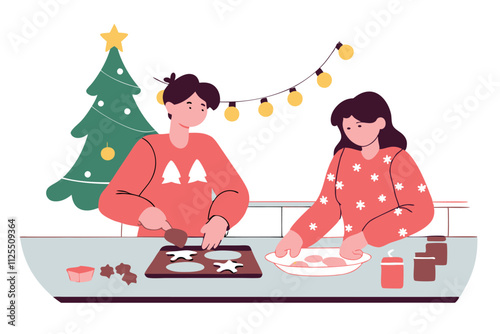 Couple cooking together Christmas dinner vector flat illustration