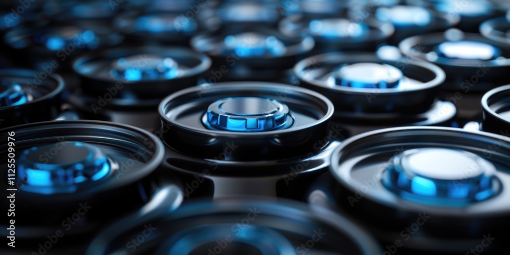 Close-up view of multiple speakers lit by bright blue lights, great for presentations or product showcases Close-up view of multiple speakers lit by bright blue lights, great for presentations or product showcases