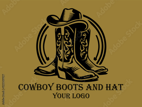 Black cowboy boots and hat with gold background  suitable for western fashion, rodeo, cowboy lifestyle, and country music themes photo