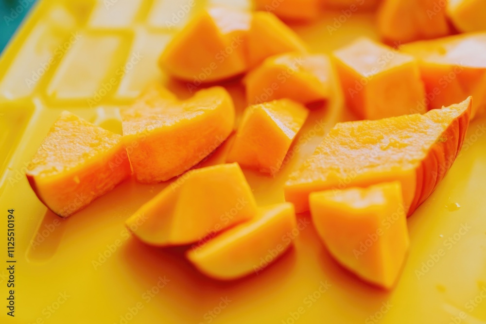 Freshly cut oranges placed on a bright yellow cutting board, great for kitchen or food photography Freshly cut oranges placed on a bright yellow cutting board, great for kitchen or food photography