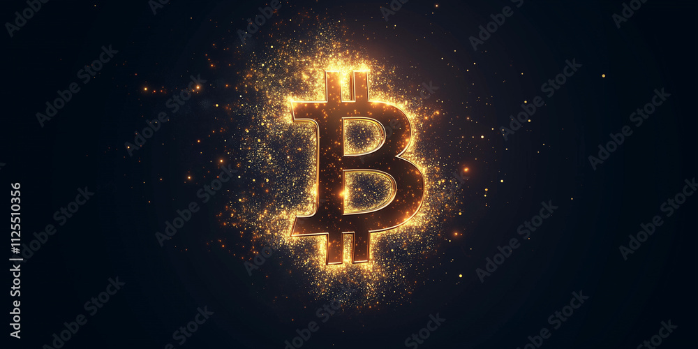 Bitcoin symbol made of glowing golden particles on dark gradient background. Crypto mining concept, btc, block chain, horizontal Bitcoin symbol made of glowing golden particles on dark gradient background. Crypto mining concept, btc, block chain, horizontal