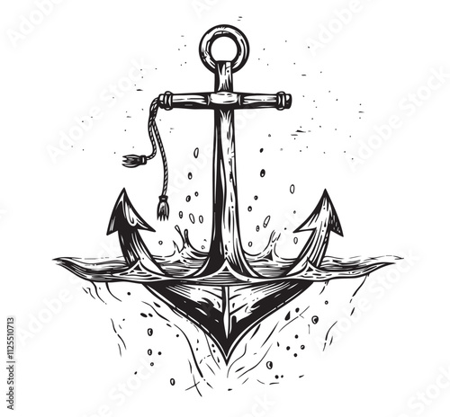 Vintage sea anchor with rope in engraving style.
