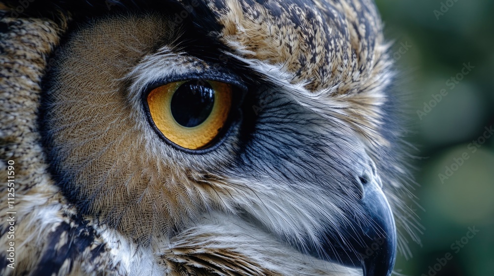 A detailed view of an owl's eye, with a blurred background